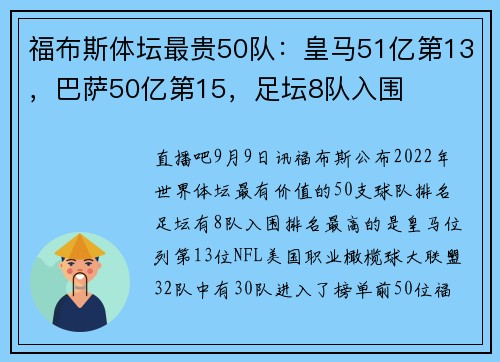 福布斯体坛最贵50队：皇马51亿第13，巴萨50亿第15，足坛8队入围