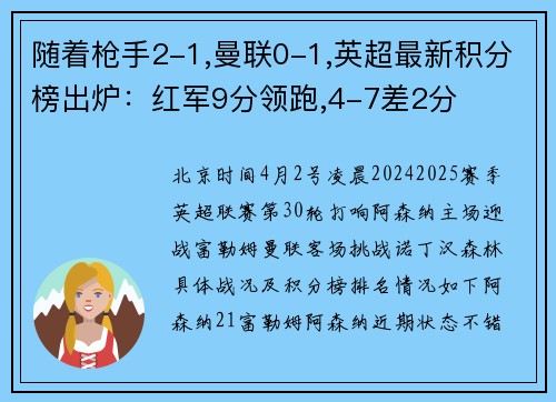 随着枪手2-1,曼联0-1,英超最新积分榜出炉：红军9分领跑,4-7差2分