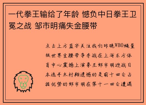 一代拳王输给了年龄 憾负中日拳王卫冕之战 邹市明痛失金腰带
