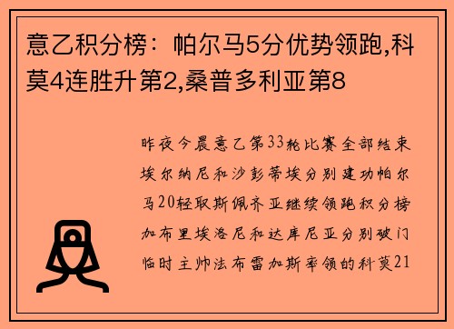 意乙积分榜：帕尔马5分优势领跑,科莫4连胜升第2,桑普多利亚第8